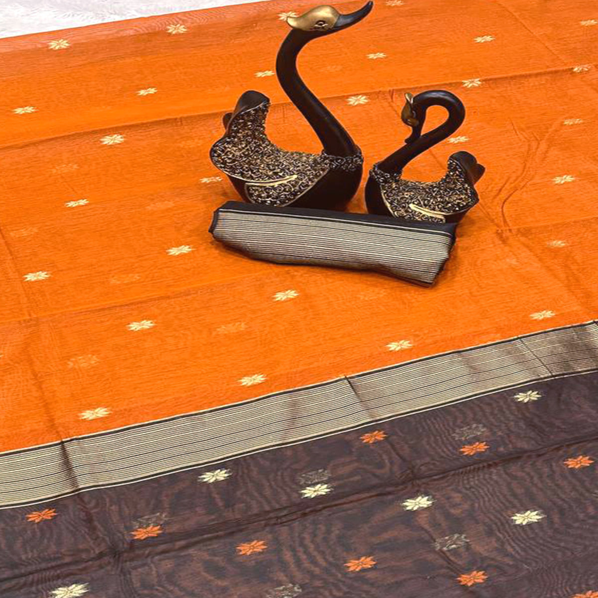 Burnt Orange Linen Cotton Saree with Zari Butti Embellishment