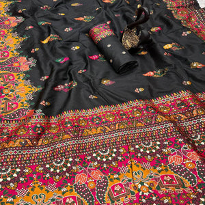 Black Pashmina Silk Weaving Saree Designed in Classic Rajwadi Style for Festive Wear