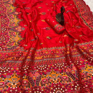 Red Pashmina Silk Weaving Saree Designed in Classic Rajwadi Style for Festive Wear
