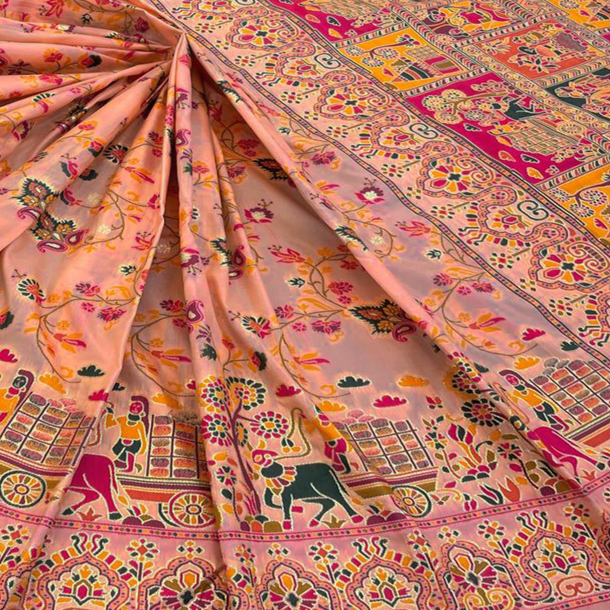 Royal Peach Pashmina Silk Saree with Rajwadi Zari Weaving