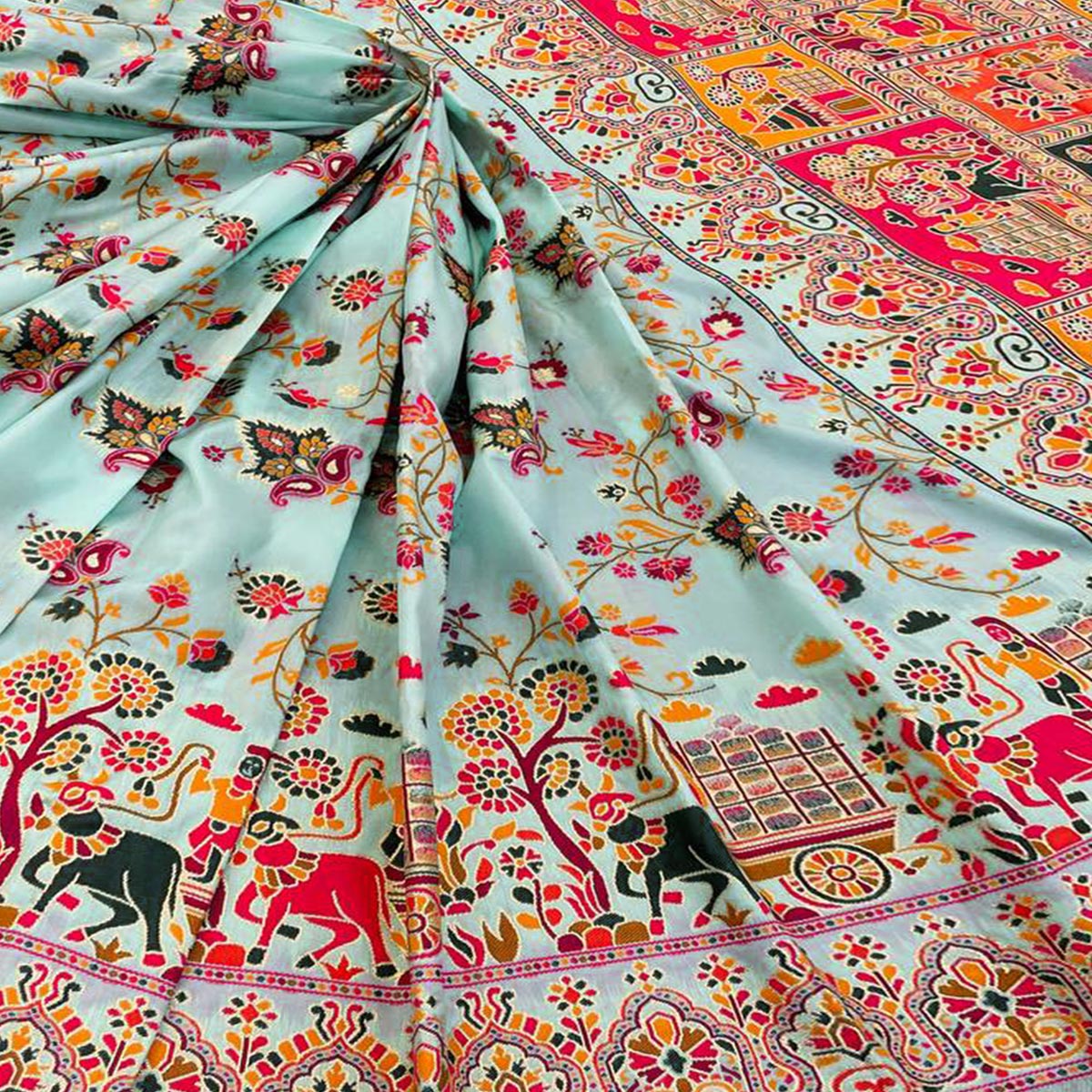 Royal Turquoise Pashmina Silk Saree with Rajwadi Zari Weaving