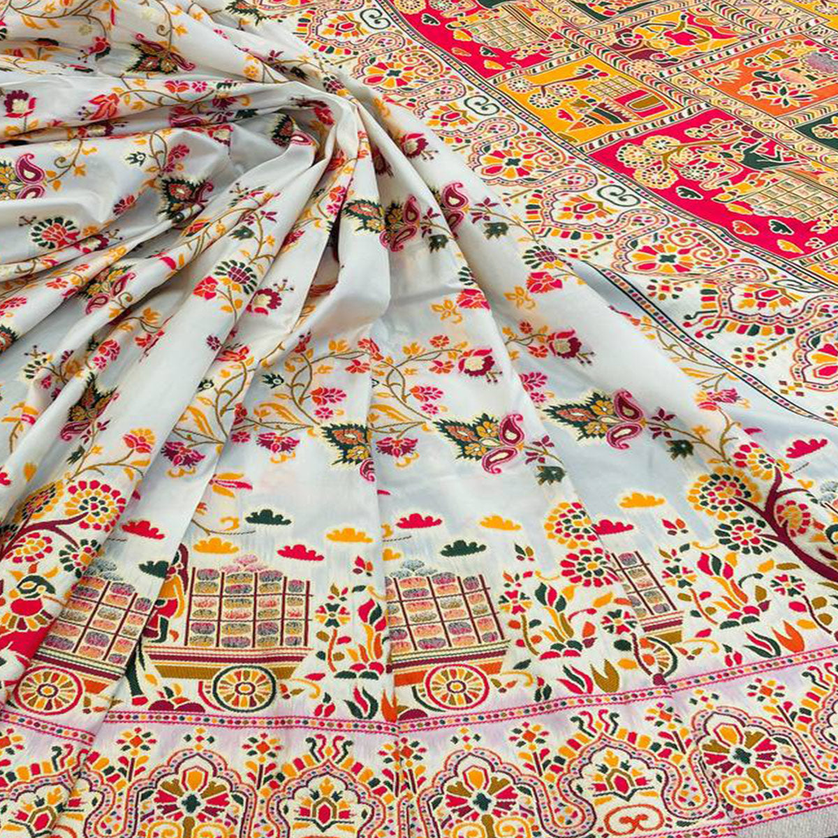 Royal White Pashmina Silk Saree with Rajwadi Zari Weaving