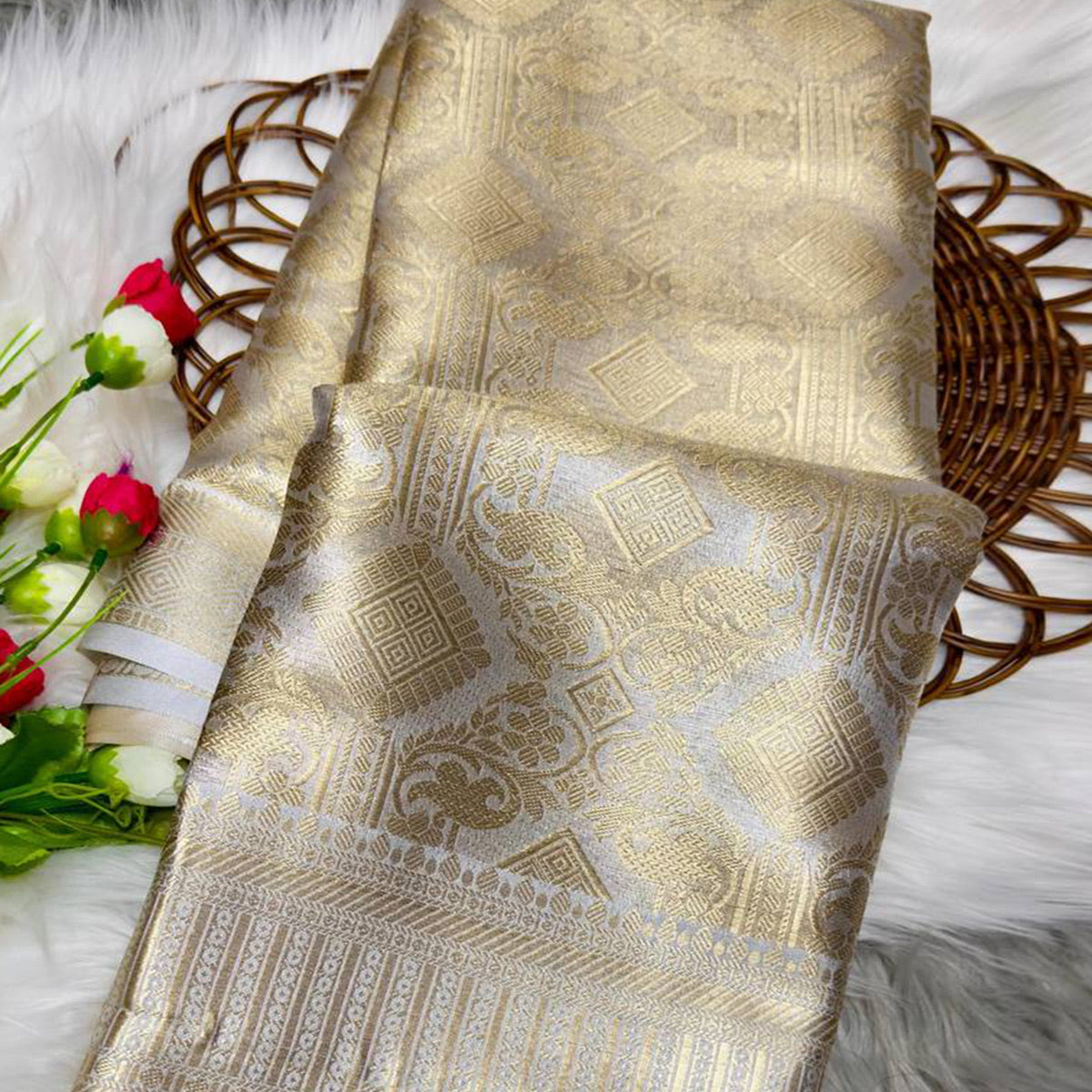 Handloom Banarasi Golden Tissue Silk Saree Adorned with Intricate Traditional Patterns