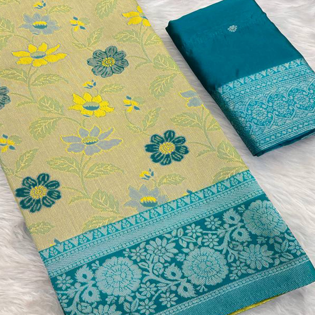Light Green & Yellow Designer Tissue Saree with Zari Weaving
