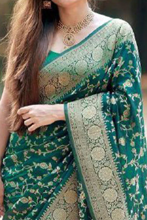 Green Saree in Pure Banarasi Silk with Artistically Woven Floral Zari Accents