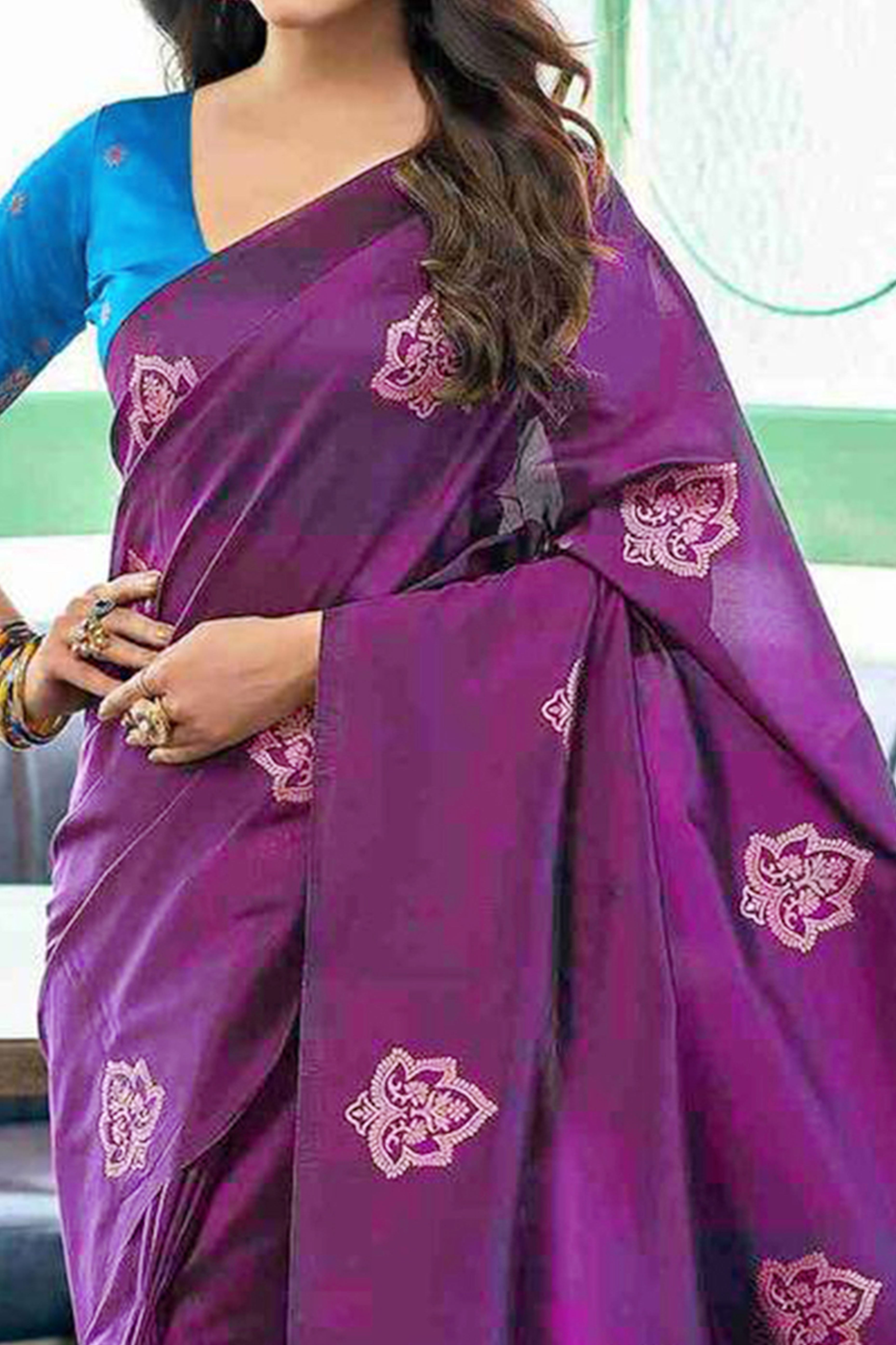 Purple Banarasi Silk Saree Adorned with Elegant Floral Zari Weaving