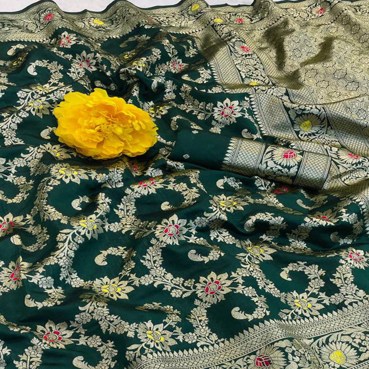 Green Pure Silk Drape Featuring Traditional Heavy Zari Weaving for a Royal Look