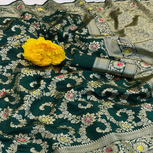 Green Pure Silk Drape Featuring Traditional Heavy Zari Weaving for a Royal Look