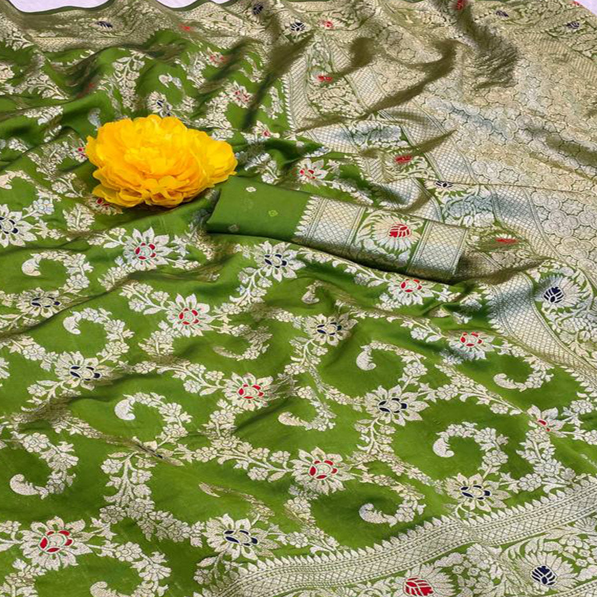 Parrot Green Pure Silk Drape Featuring Traditional Heavy Zari Weaving for a Royal Look