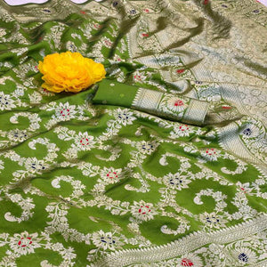 Parrot Green Pure Silk Drape Featuring Traditional Heavy Zari Weaving for a Royal Look