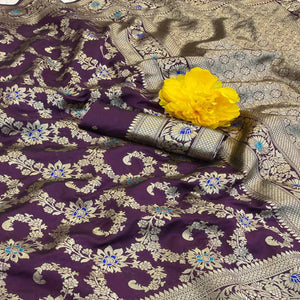 Purple Pure Silk Drape Featuring Traditional Heavy Zari Weaving for a Royal Look