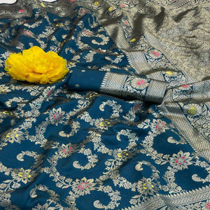 Teal Pure Silk Drape Featuring Traditional Heavy Zari Weaving for a Royal Look