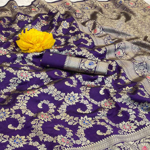 Violet Pure Silk Drape Featuring Traditional Heavy Zari Weaving for a Royal Look