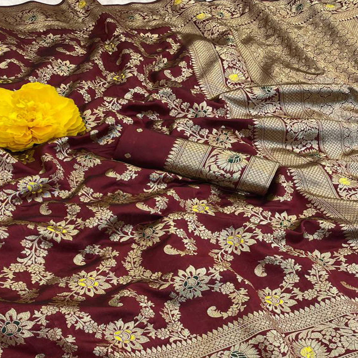 Wine Pure Silk Drape Featuring Traditional Heavy Zari Weaving for a Royal Look