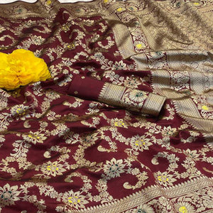 Wine Pure Silk Drape Featuring Traditional Heavy Zari Weaving for a Royal Look