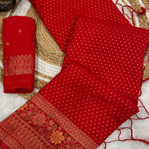 Red Saree in Pure Georgette Featuring Delicate Zari Butti Work