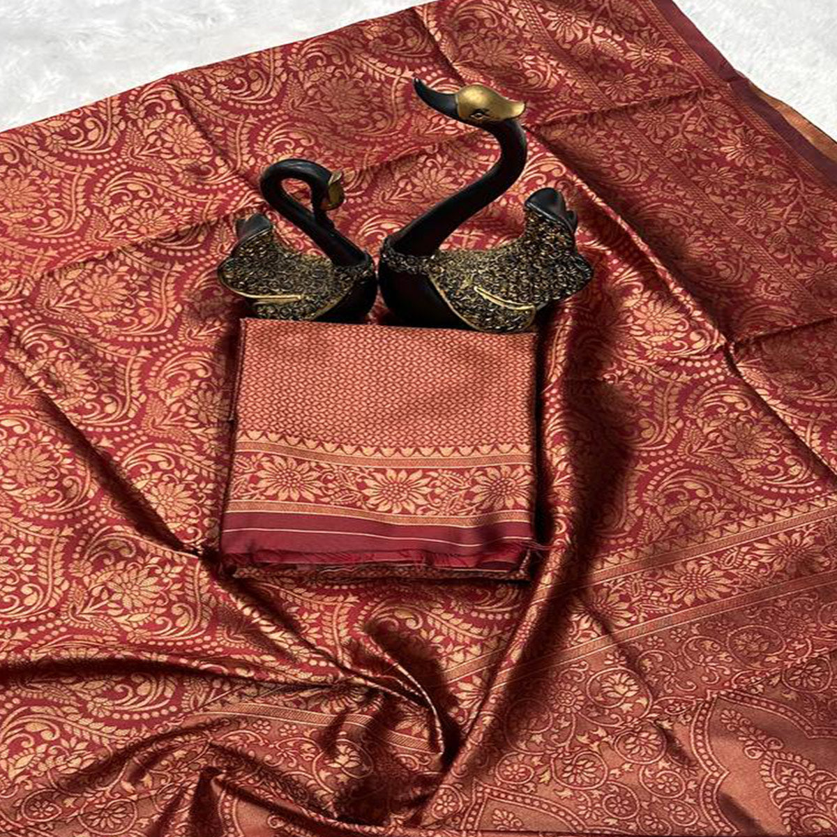 Royal Rusty Maroon Pure Silk Banarasi Saree Highlighted with Handwoven Zari Buta Motifs