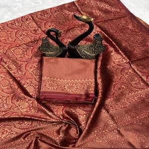 Royal Rusty Maroon Pure Silk Banarasi Saree Highlighted with Handwoven Zari Buta Motifs