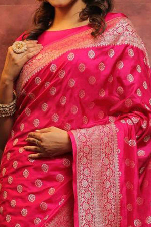 Rich Pink Banarasi Saree in Pure Silk with Traditional Zari Butti Weaving