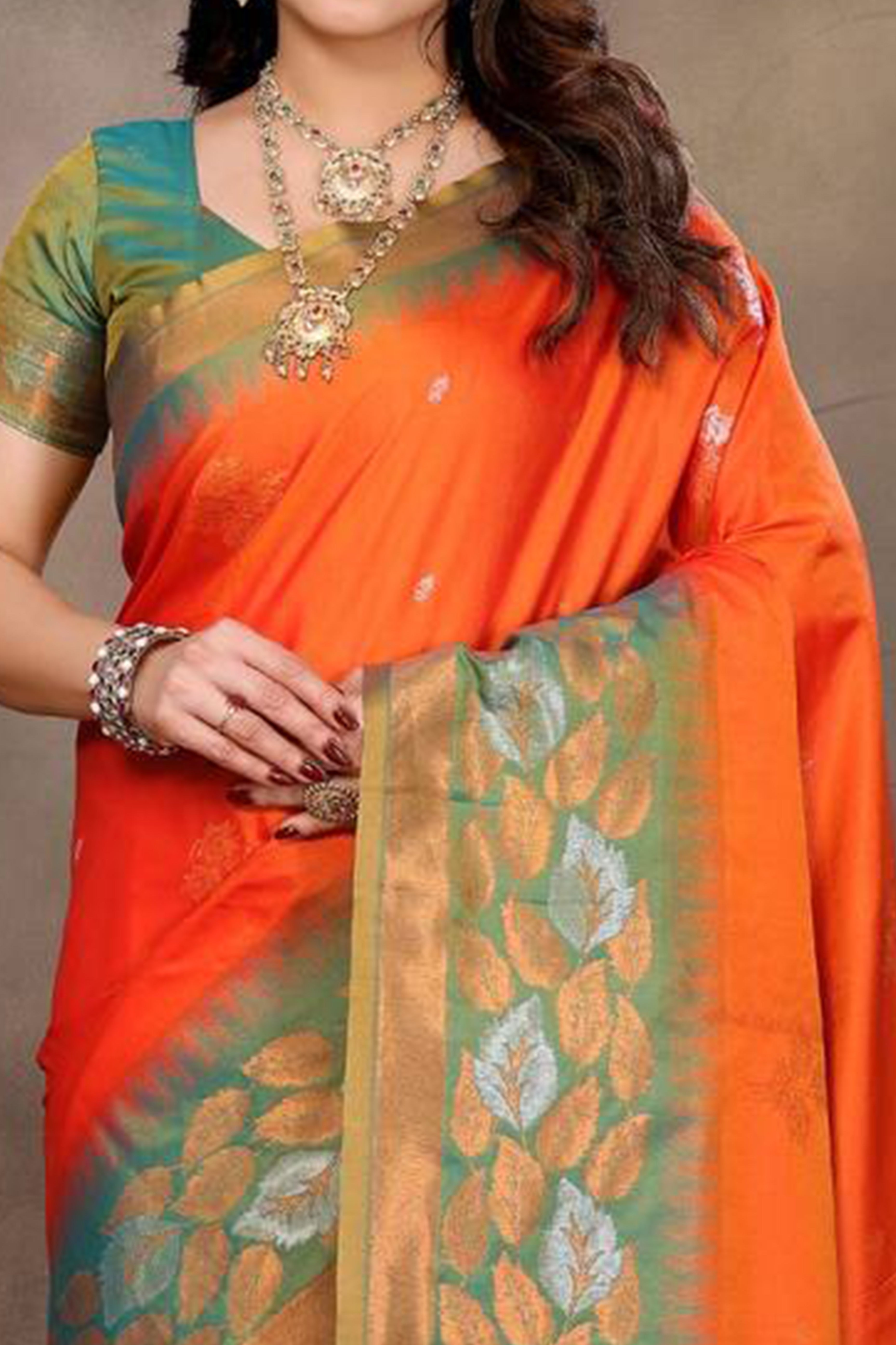 Orange Leaf & Floral Motif Banarasi Silk Saree With Luxurious Zari Weaving Two Tone Weaving