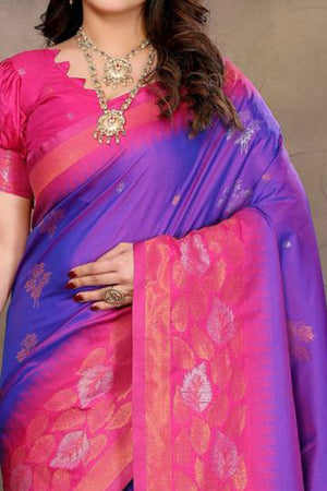 Purple Leaf & Floral Motif Banarasi Silk Saree With Luxurious Zari Weaving Two Tone Weaving