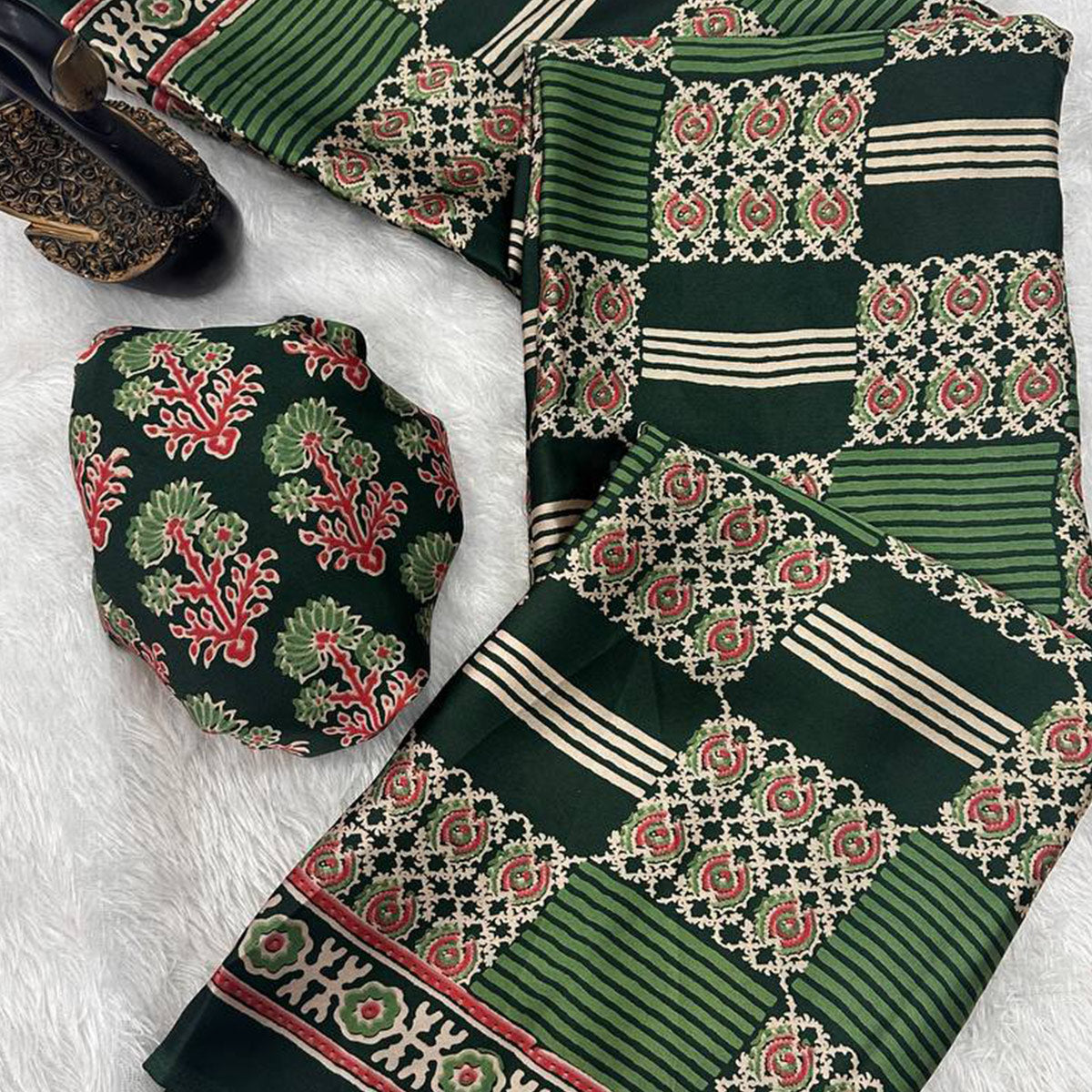 Designer Green Ajrakh Print Pure Silk Saree for Special Occasions