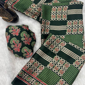 Designer Green Ajrakh Print Pure Silk Saree for Special Occasions