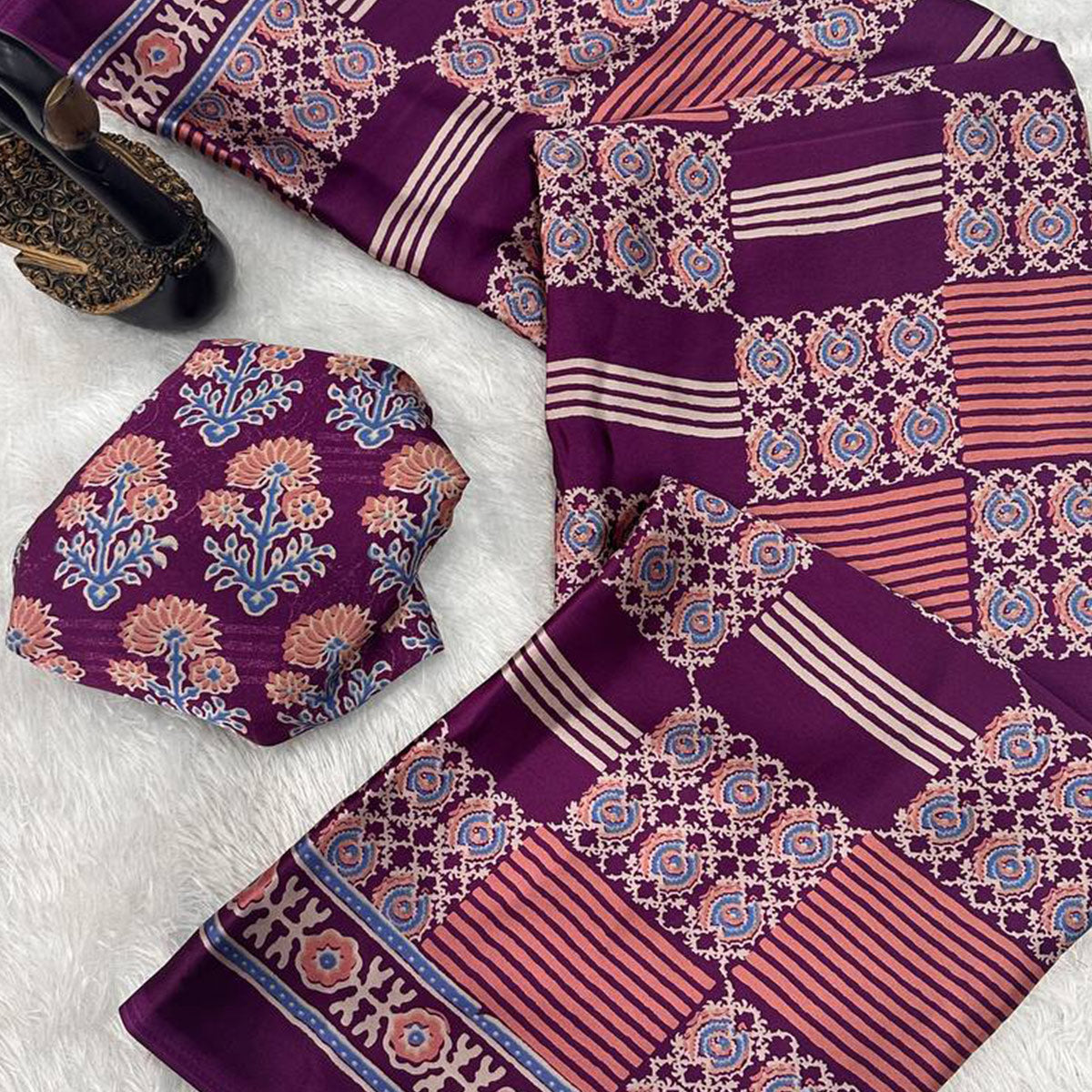 Designer Purple Ajrakh Print Pure Silk Saree for Special Occasions