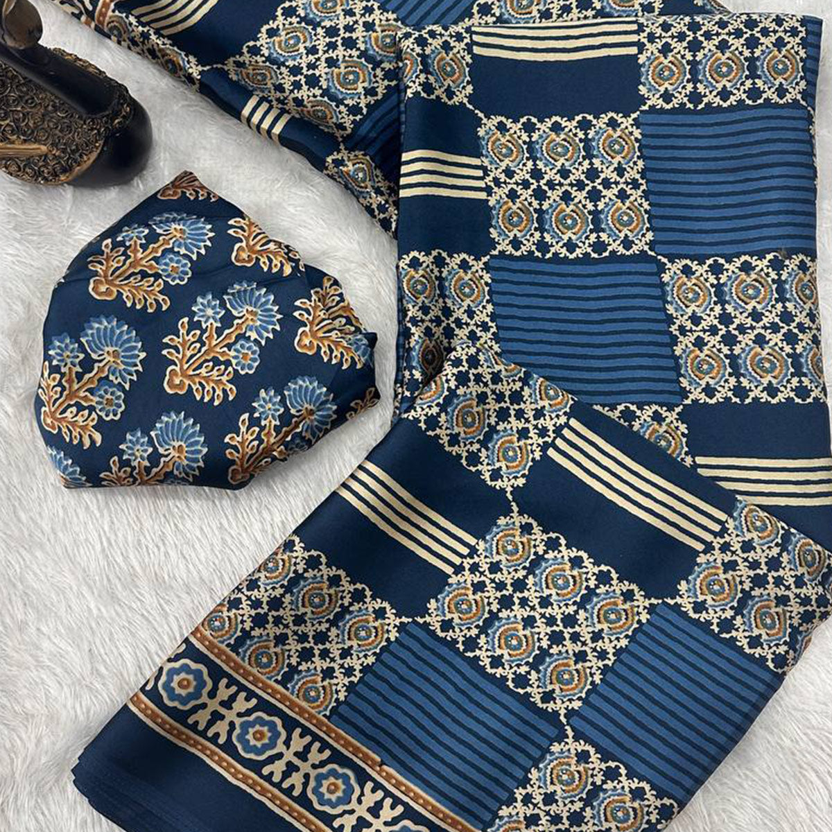 Designer Teal Ajrakh Print Pure Silk Saree for Special Occasions