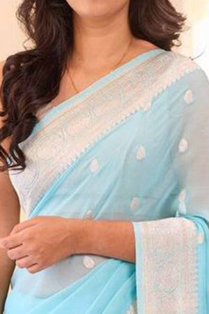 Sophisticated Sky Blue Linen Saree with Traditional Butti Zari Weaving