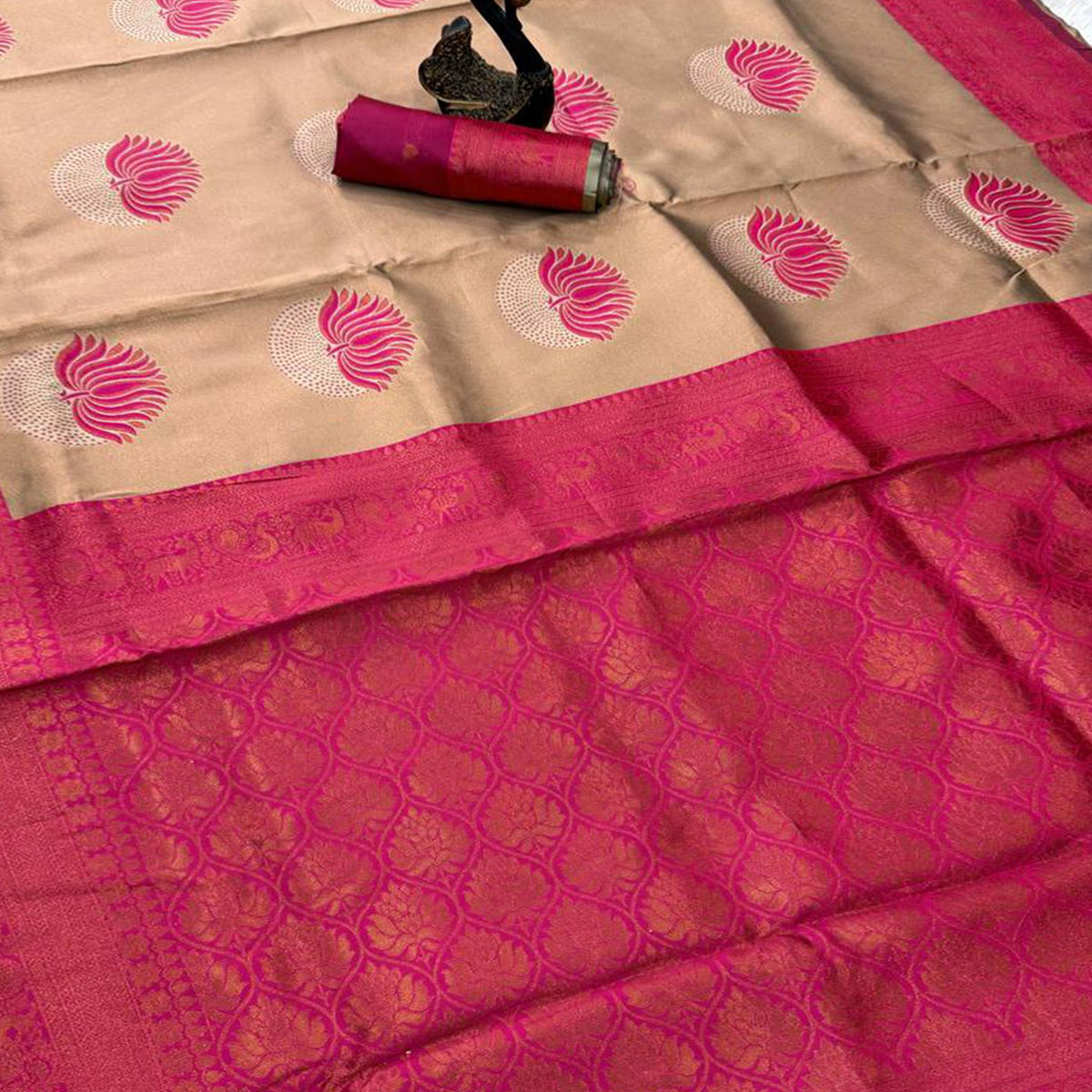 Pink Floral Zari Weaving Banarasi Silk Saree Embellished With Intricate Unique Border & Pallu