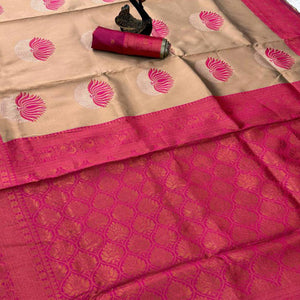 Pink Floral Zari Weaving Banarasi Silk Saree Embellished With Intricate Unique Border & Pallu