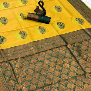 Yellow & Green Floral Zari Weaving Banarasi Silk Saree Embellished With Unique Border & Pallu