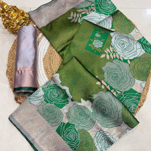 Green Handloom Banarasi Silk Saree Enhanced with Artistic Floral Zari Weaving for Timeless Appeal