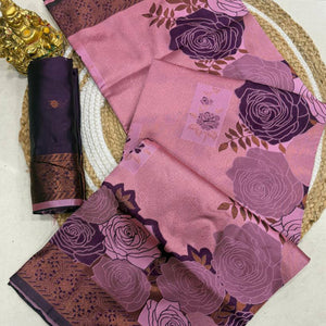 Pink Handloom Banarasi Silk Saree Enhanced with Artistic Floral Zari Weaving for Timeless Appeal