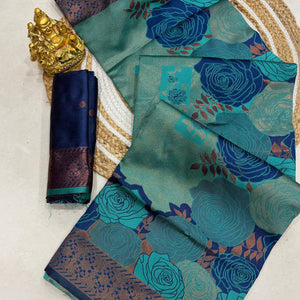 Teal Handloom Banarasi Silk Saree Enhanced with Artistic Floral Zari Weaving for Timeless Appeal