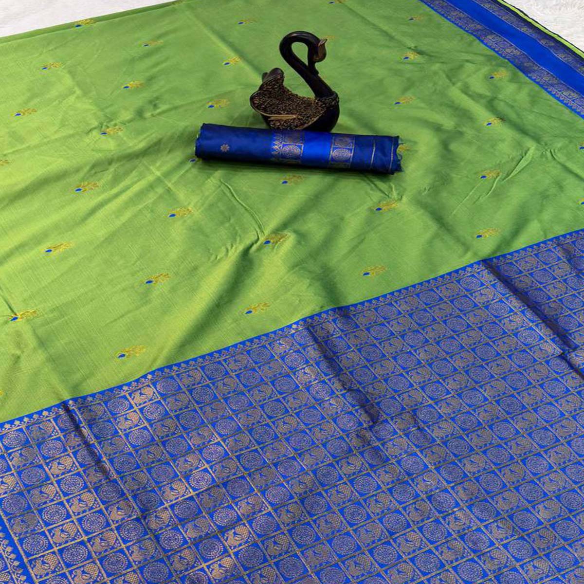 Lemon Green Handwoven Kanjivaram Silk Saree Detailed with Fine Zari Butti Motifs
