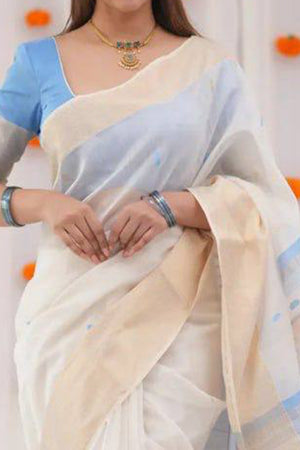 White and Blue Zari-Woven Linen Cotton Saree Offering a Refined Festive Look