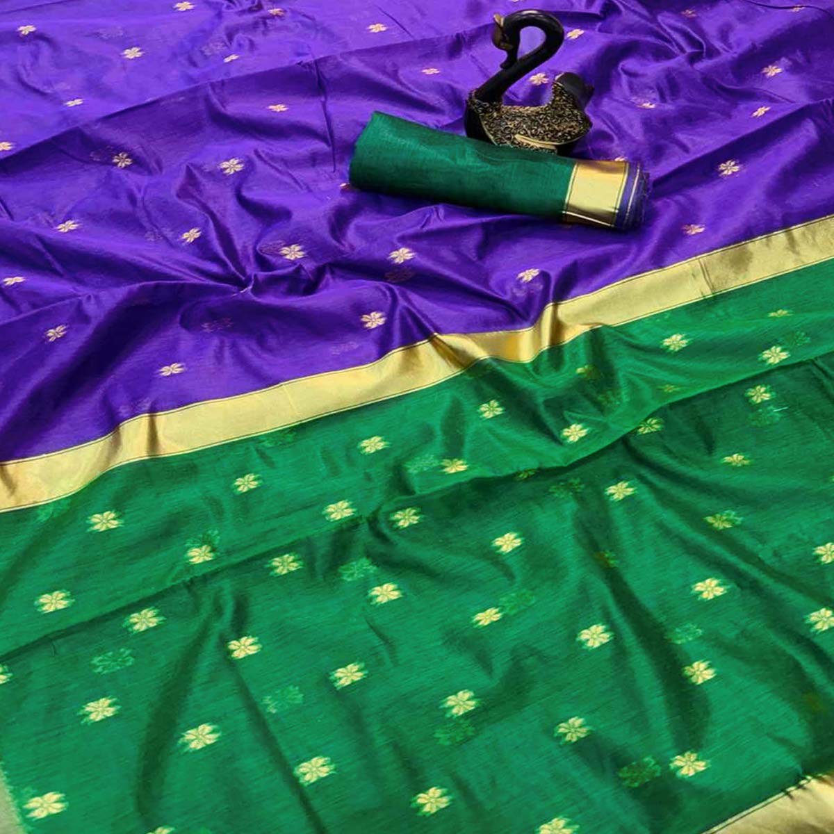 Purple Linen Cotton Saree Adorned with Intricate Zari Butti Weaving for a Refined Ethnic Appeal