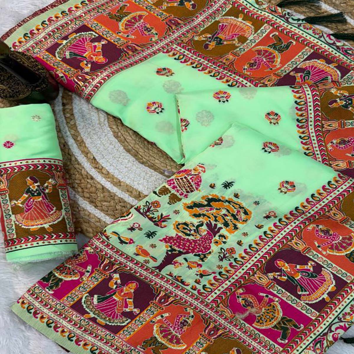 Pista Green Pashmina Silk Saree Enhanced with Intricate Rajwadi Zari Weaves for Festive Elegance