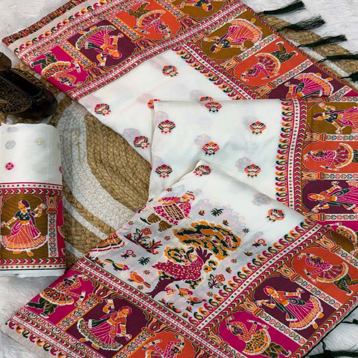 White Pashmina Silk Saree Enhanced with Intricate Rajwadi Zari Weaves for Festive Elegance