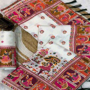 White Pashmina Silk Saree Enhanced with Intricate Rajwadi Zari Weaves for Festive Elegance