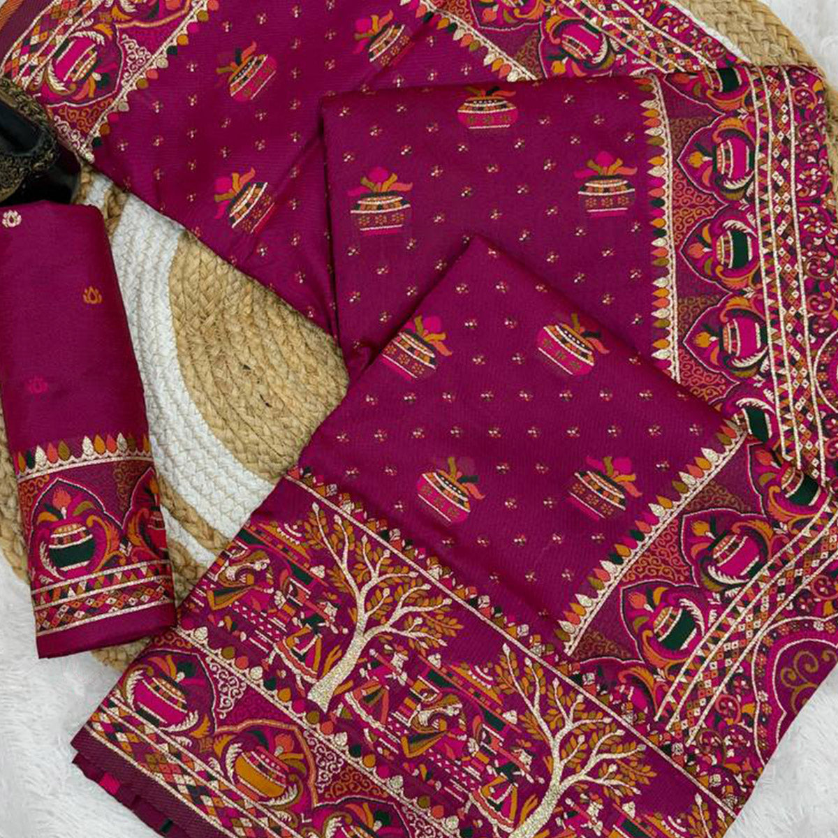 Magenta Madhubani Inspired Weaving Pashmina Silk Saree Perfect for Refined Festive