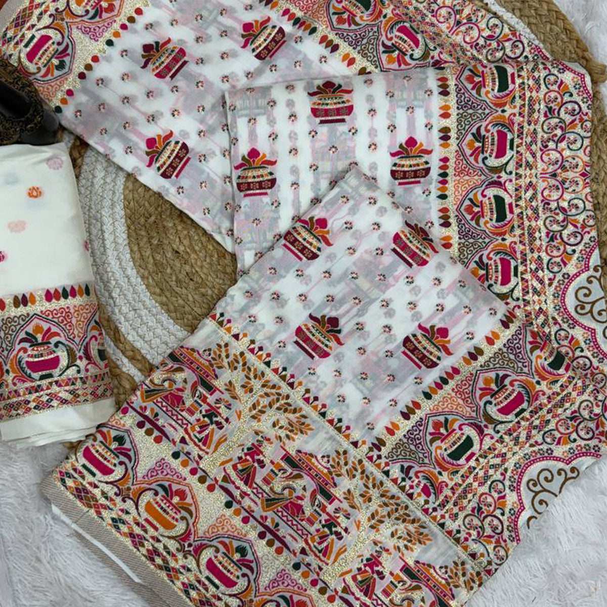 White Madhubani Inspired Weaving Pashmina Silk Saree Perfect for Refined Festive