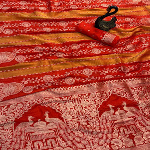 Orange Festive Wear Chinya Tissue Silk Saree Enhanced with Intricate Zari Weaving Detailing