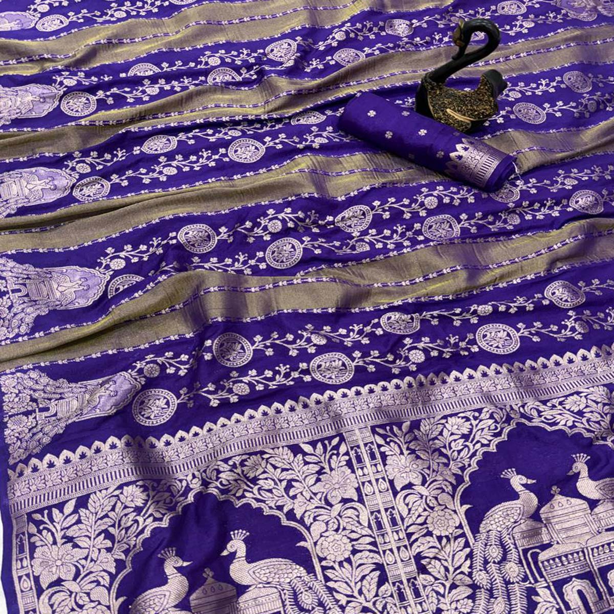 Violet Festive Wear Chinya Tissue Silk Saree Enhanced with Intricate Zari Weaving Detailing