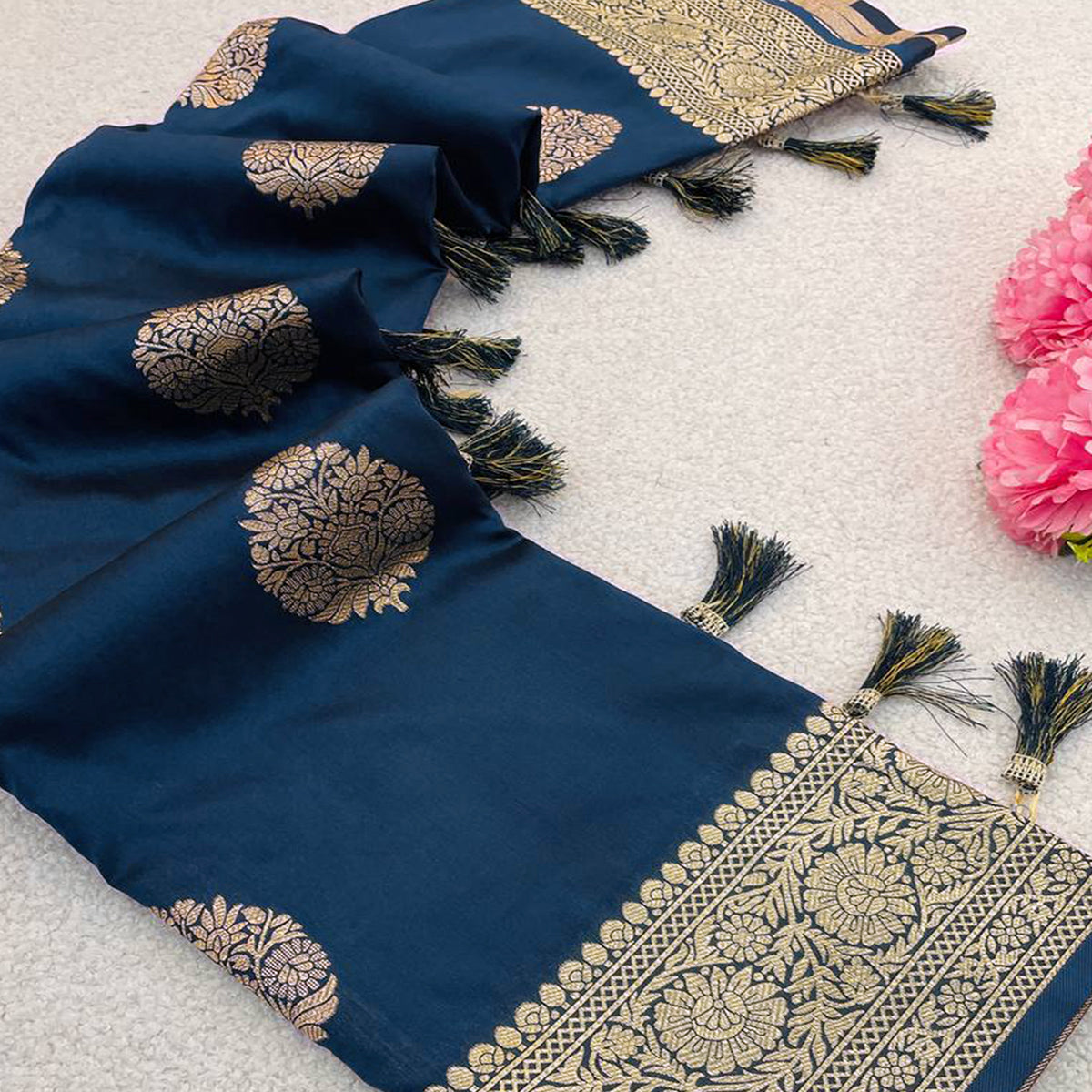 Blue Pure Banarasi Silk Saree Adorned with Intricate Zari Butti Woven Detailing