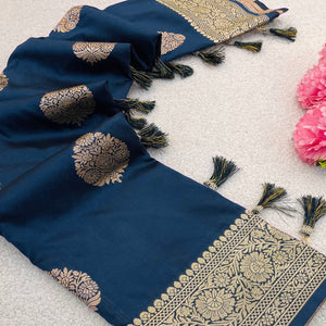 Blue Pure Banarasi Silk Saree Adorned with Intricate Zari Butti Woven Detailing