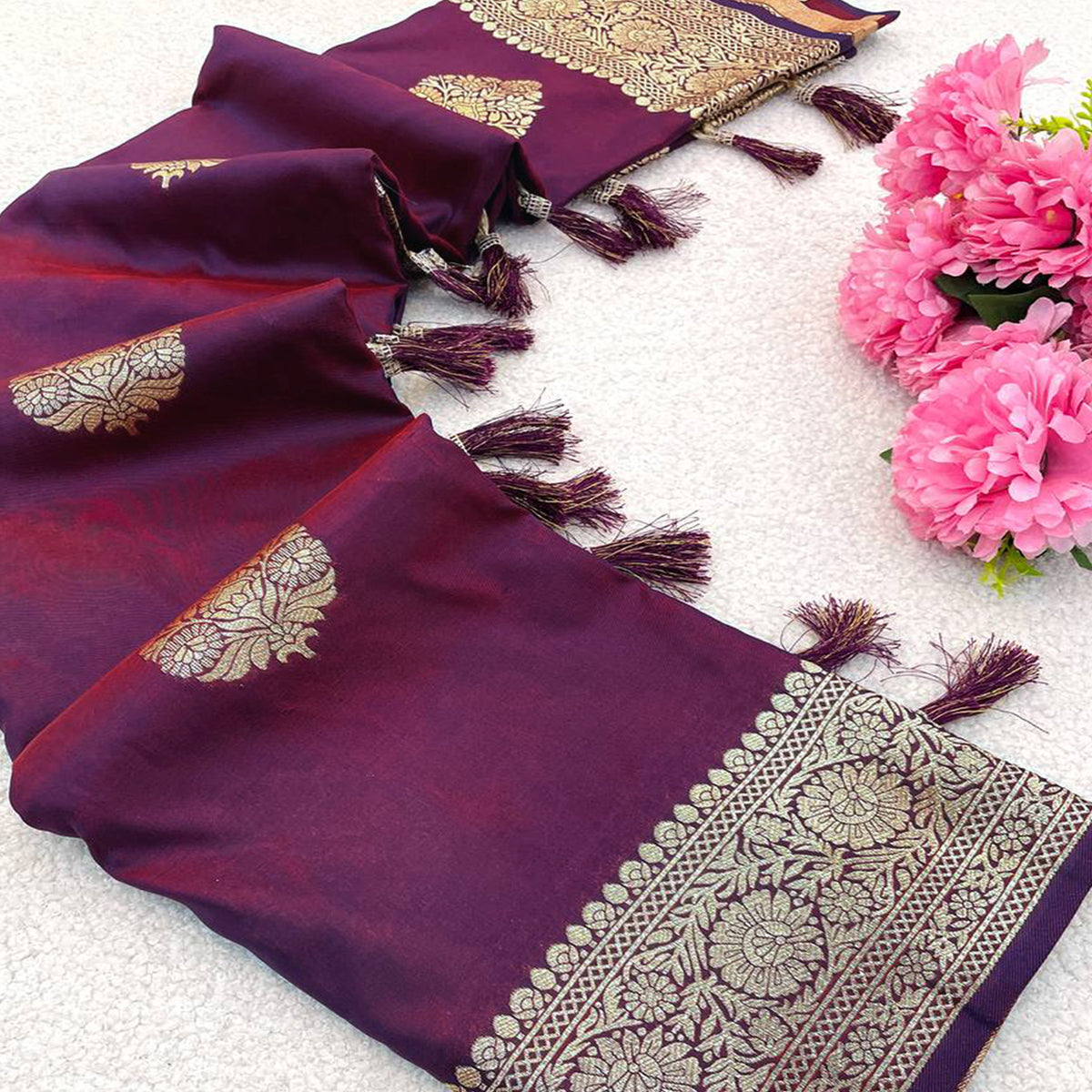 Purple Pure Banarasi Silk Saree Adorned with Intricate Zari Butti Woven Detailing