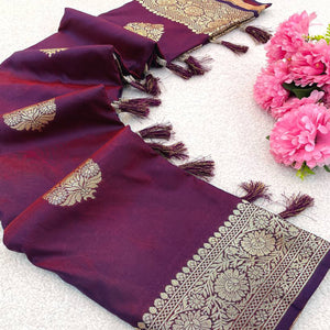 Purple Pure Banarasi Silk Saree Adorned with Intricate Zari Butti Woven Detailing